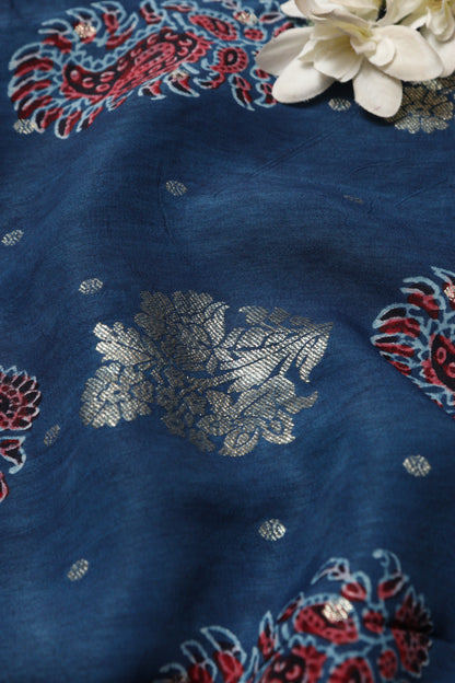 Exquisite and Elegant - Blue Ajrakh Banarasi Silk Fabric ( 2.5 Mtr )