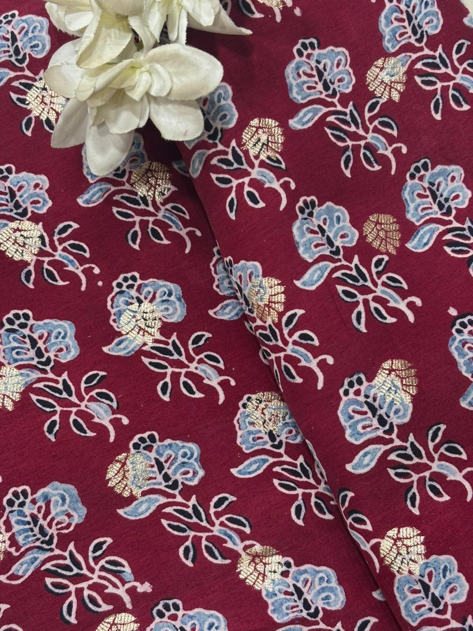 Elegant - Maroon Ajrakh Banarasi Silk Fabric ( 2.5 Mtr ) - Luxurion World
