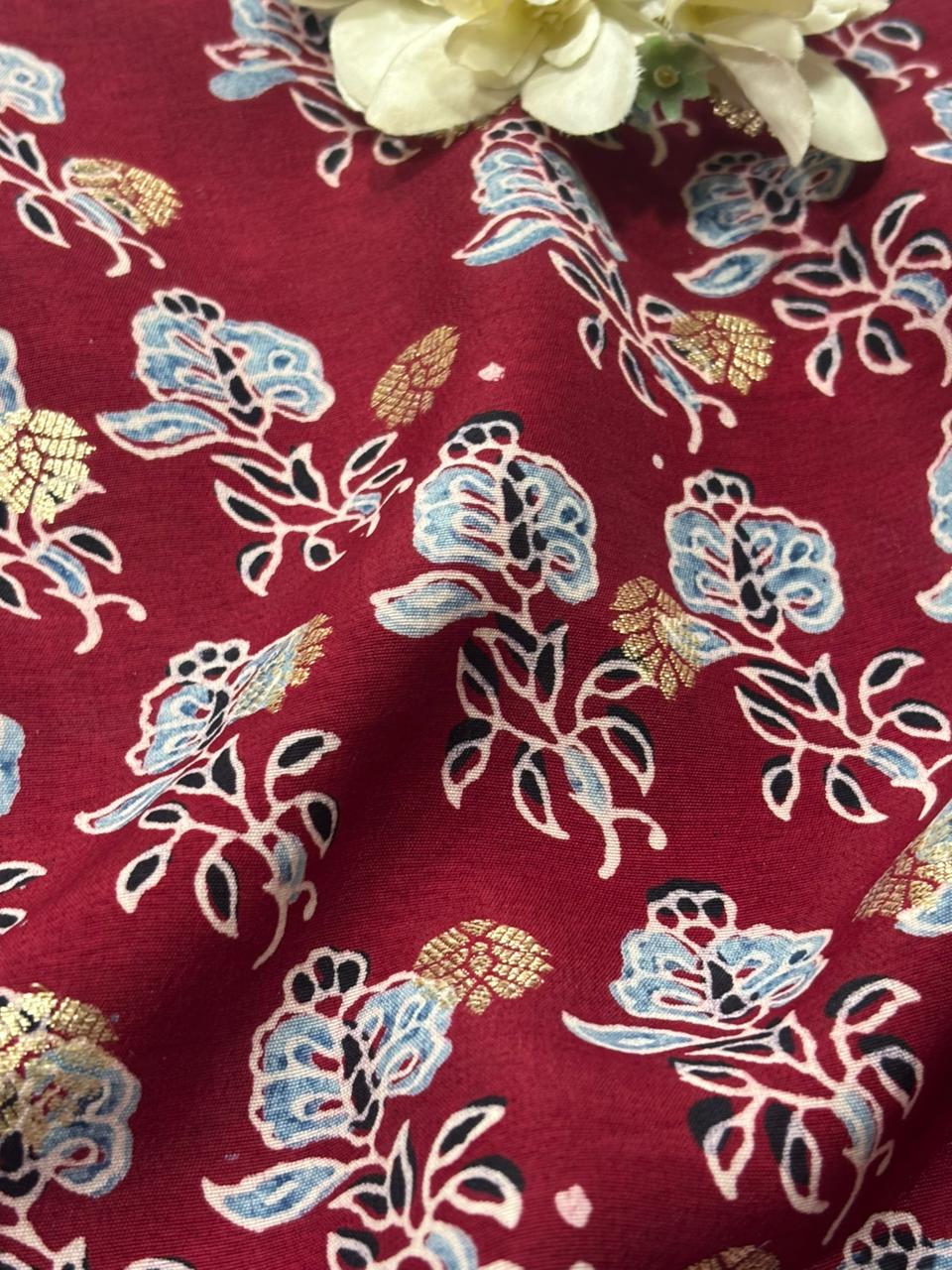 Elegant - Maroon Ajrakh Banarasi Silk Fabric ( 2.5 Mtr ) - Luxurion World