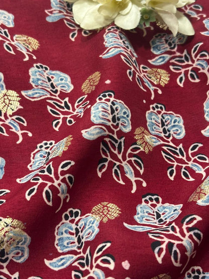 Elegant - Maroon Ajrakh Banarasi Silk Fabric ( 2.5 Mtr )