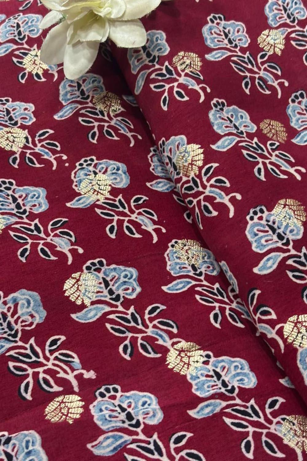 Elegant - Maroon Ajrakh Banarasi Silk Fabric ( 2.5 Mtr ) - Luxurion World