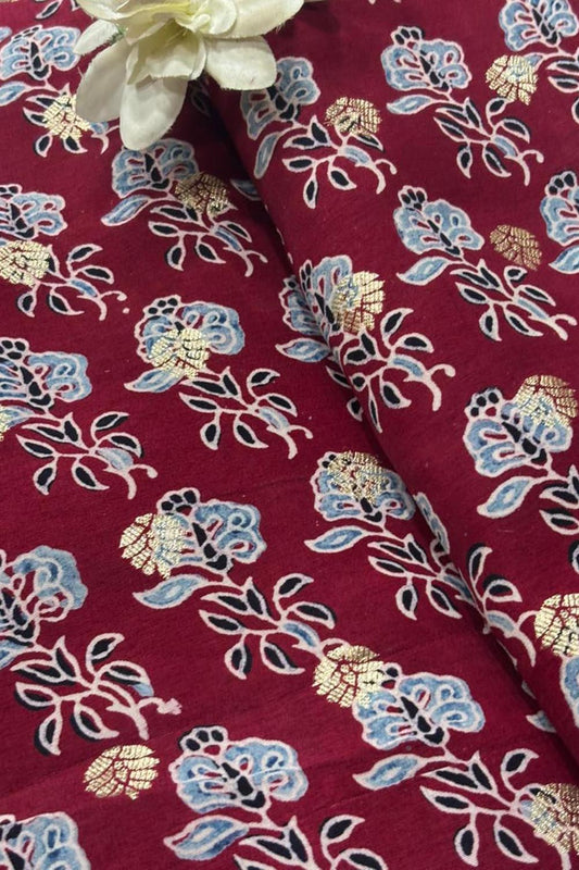 Elegant - Maroon Ajrakh Banarasi Silk Fabric ( 2.5 Mtr )