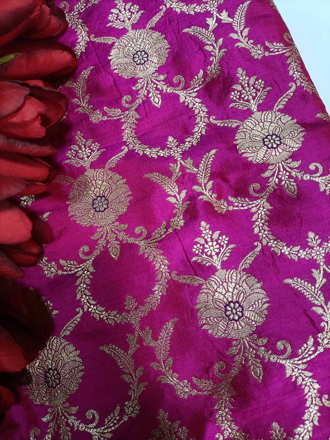 Pink Handloom Banarasi Pure Katan Silk Fabric ( 2.5 Mtr ) - Luxurion World