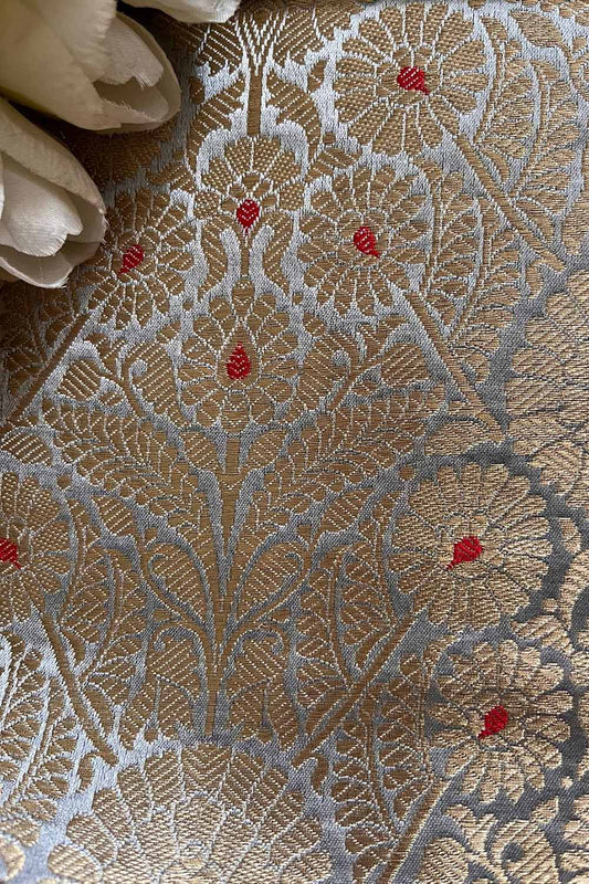 Elegant Grey Banarasi Handloom Brocade Silk Fabric ( 2.5 Mtr )