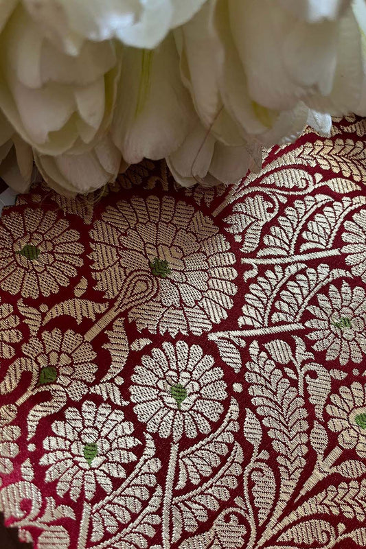 Maroon Banarasi Handloom Brocade Silk Fabric - Luxurious Elegance ( 1 Mtr ) - Luxurion World