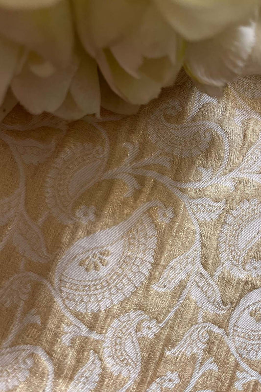 Golden Banarasi Handloom Tissue Brocade Silk Fabric ( 2.5 Mtr )
