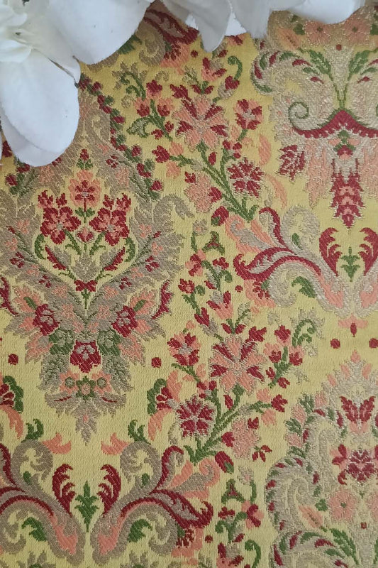 Yellow Banarasi Handloom Kimkhwab Silk Fabric - Luxurion World