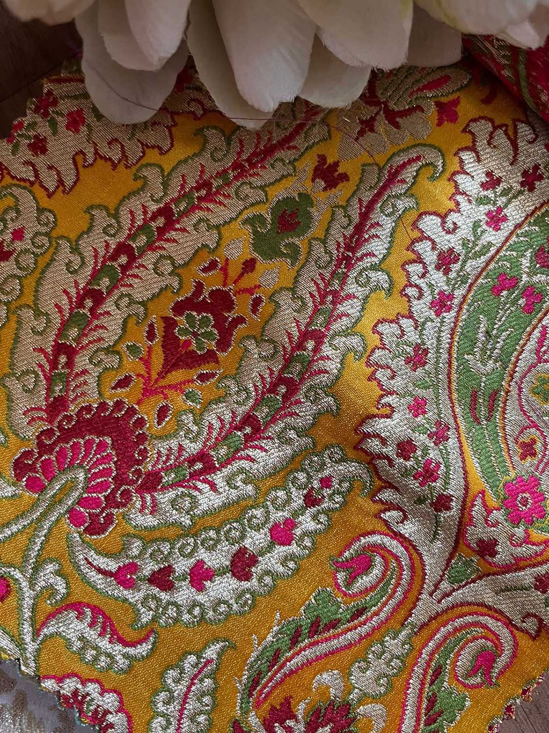 Yellow Banarasi Silk Fabric: Handloom Kimkhwab ( 2.5 Mtr ) - Luxurion World