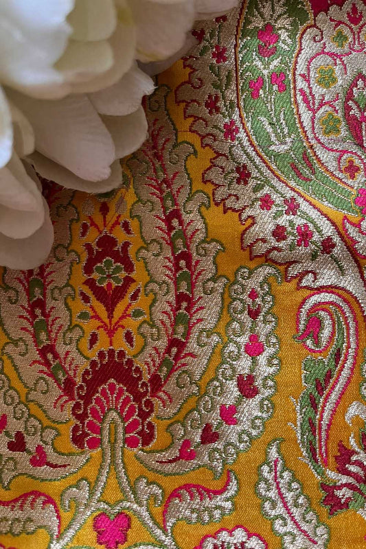Yellow Banarasi Silk Fabric: Handloom Kimkhwab ( 2.5 Mtr ) - Luxurion World