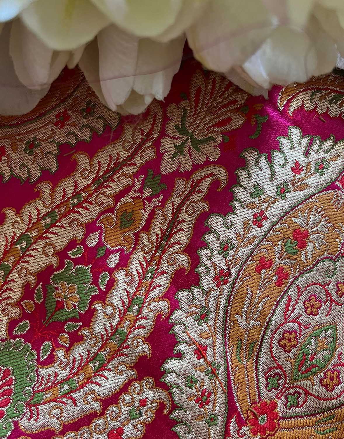 Exquisite Pink Banarasi Silk Fabric - Handloom Kimkhwab ( 2.5 Mtr ) - Luxurion World
