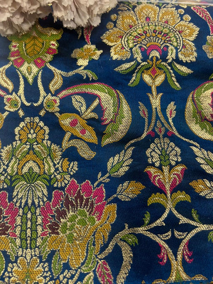 Blue Handloom Banarasi Kimkhwab Silk Meenakari Flower Design Fabric ( 2.5 Mtr ) - Luxurion World