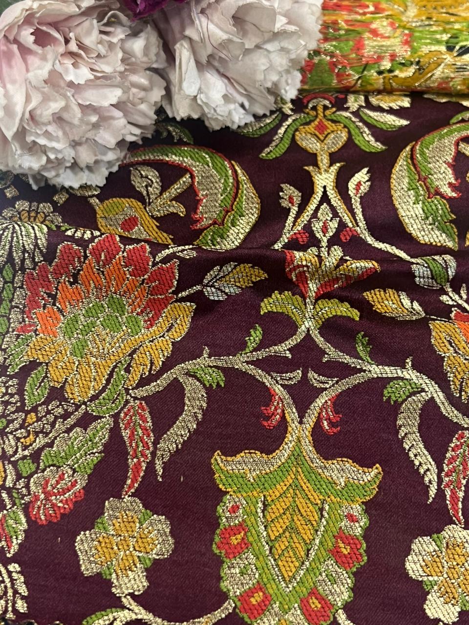 Maroon Handloom Banarasi Kimkhwab Silk Meenakari Flower Design Fabric ( 2.5 Mtr ) - Luxurion World