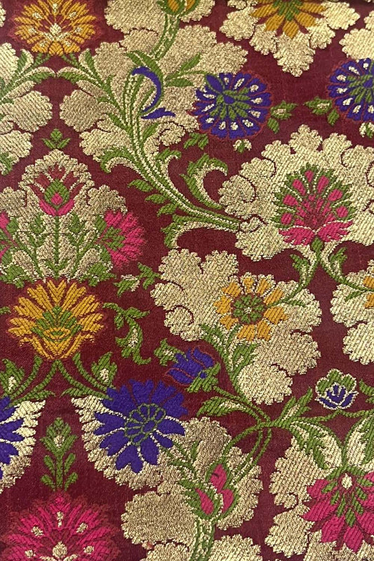 Maroon Handloom Banarasi Kimkhwab Silk Meenakari Flower Design Fabric ( 2.5 Mtr ) - Luxurion World