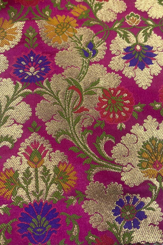 Pink Handloom Banarasi Kimkhwab Silk Meenakari Flower Design Fabric ( 2.5 Mtr ) - Luxurion World