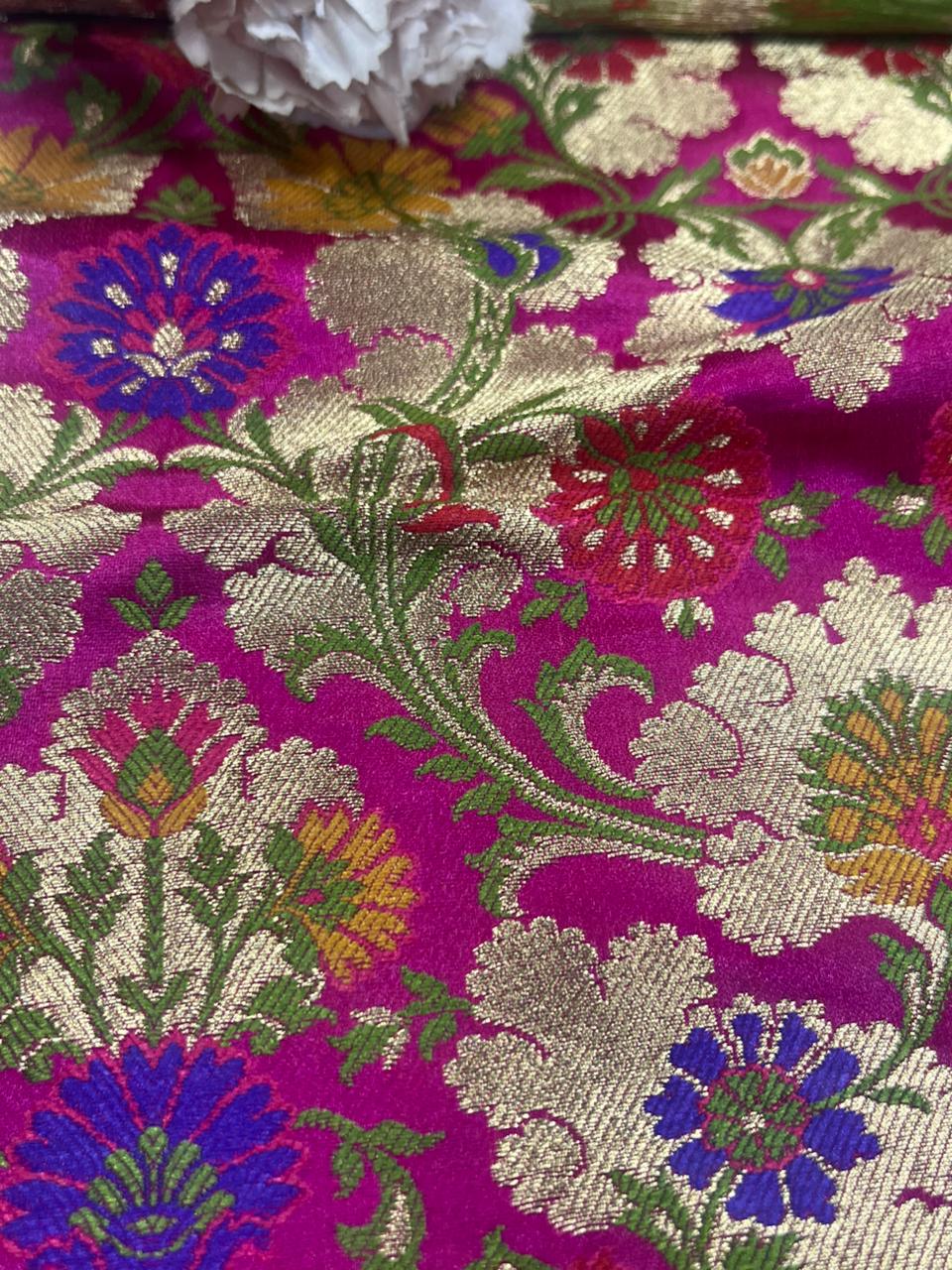 Pink Handloom Banarasi Kimkhwab Silk Meenakari Flower Design Fabric ( 2.5 Mtr ) - Luxurion World