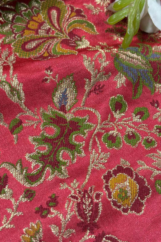 Pink Handloom Banarasi Kimkhwab Silk Meenakari Flower Design Fabric ( 2.5 Mtr ) - Luxurion World