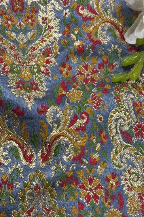 Grey Handloom Banarasi Kimkhwab Silk Meenakari Flower Design Fabric ( 2.5 Mtr ) - Luxurion World