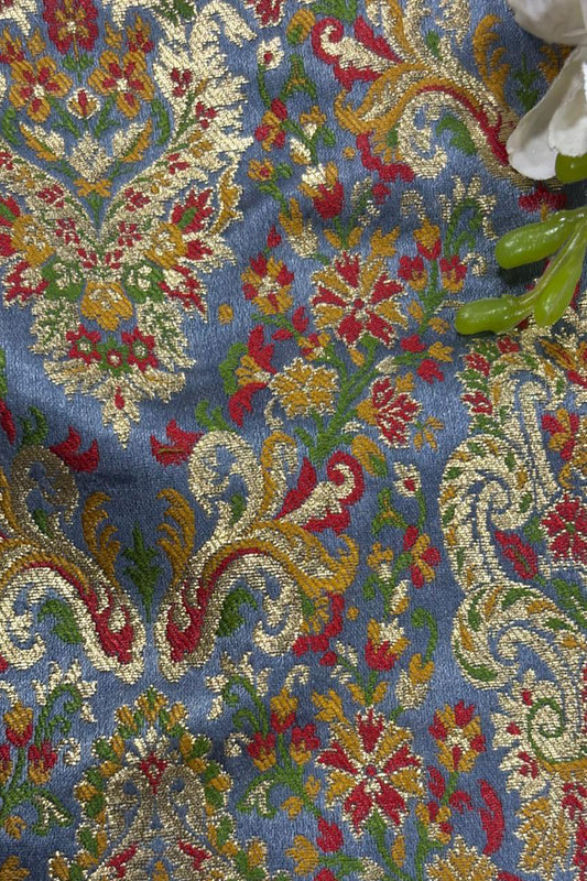 Grey Handloom Banarasi Kimkhwab Silk Meenakari Flower Design Fabric ( 2.5 Mtr ) - Luxurion World