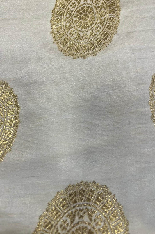 Elegant White Banarasi Brocade Satin Silk Fabric ( 2.5 Mtr ) - Luxurion World