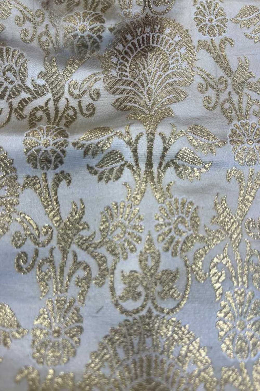 Elegant White Banarasi Brocade Satin Silk Fabric ( 2.5 Mtr ) - Luxurion World