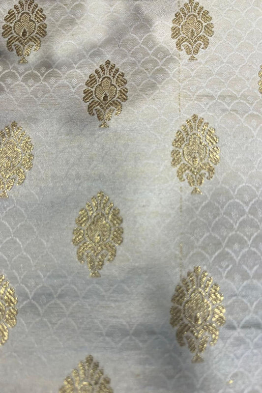 Elegant White Banarasi Brocade Satin Silk Fabric ( 2.5 Mtr ) - Luxurion World