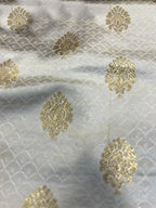 Elegant White Banarasi Brocade Satin Silk Fabric ( 2.5 Mtr ) - Luxurion World