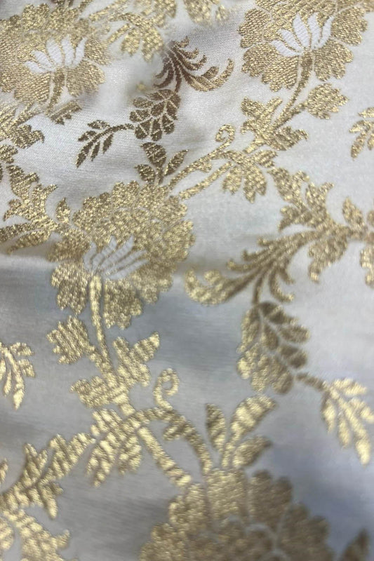 Elegant White Banarasi Brocade Satin Silk Fabric ( 2.5 Mtr ) - Luxurion World