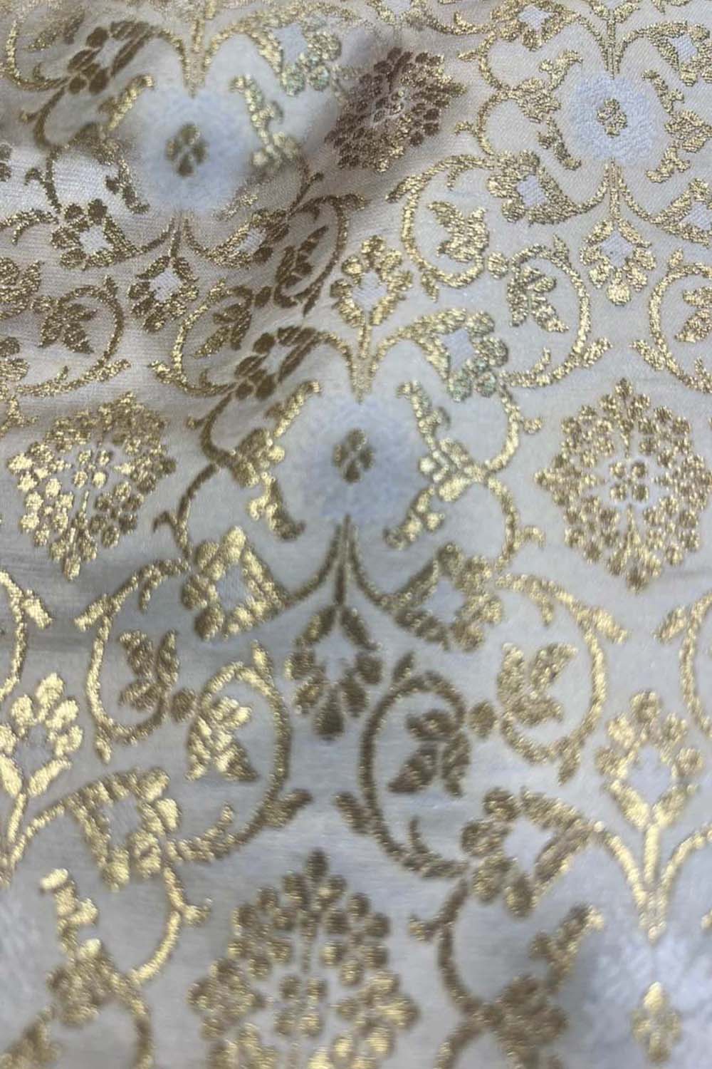 Elegant White Banarasi Brocade Satin Silk Fabric ( 2.5 Mtr ) - Luxurion World
