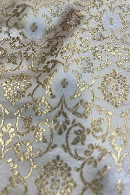 Elegant White Banarasi Brocade Satin Silk Fabric ( 2.5 Mtr ) - Luxurion World