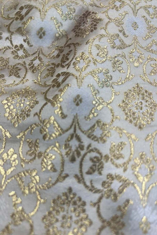 Elegant White Banarasi Brocade Satin Silk Fabric ( 2.5 Mtr ) - Luxurion World