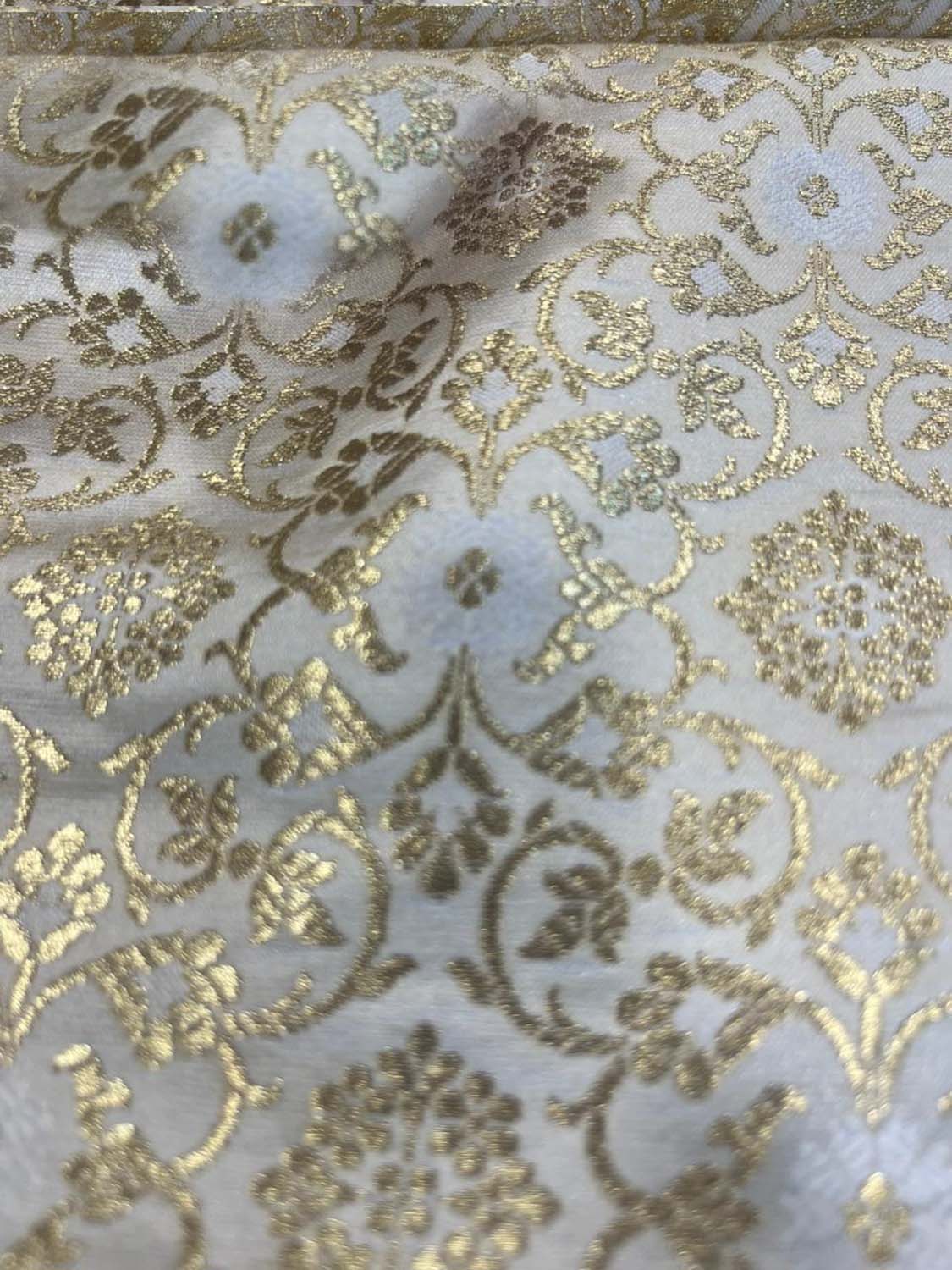 Elegant White Banarasi Brocade Satin Silk Fabric ( 2.5 Mtr ) - Luxurion World