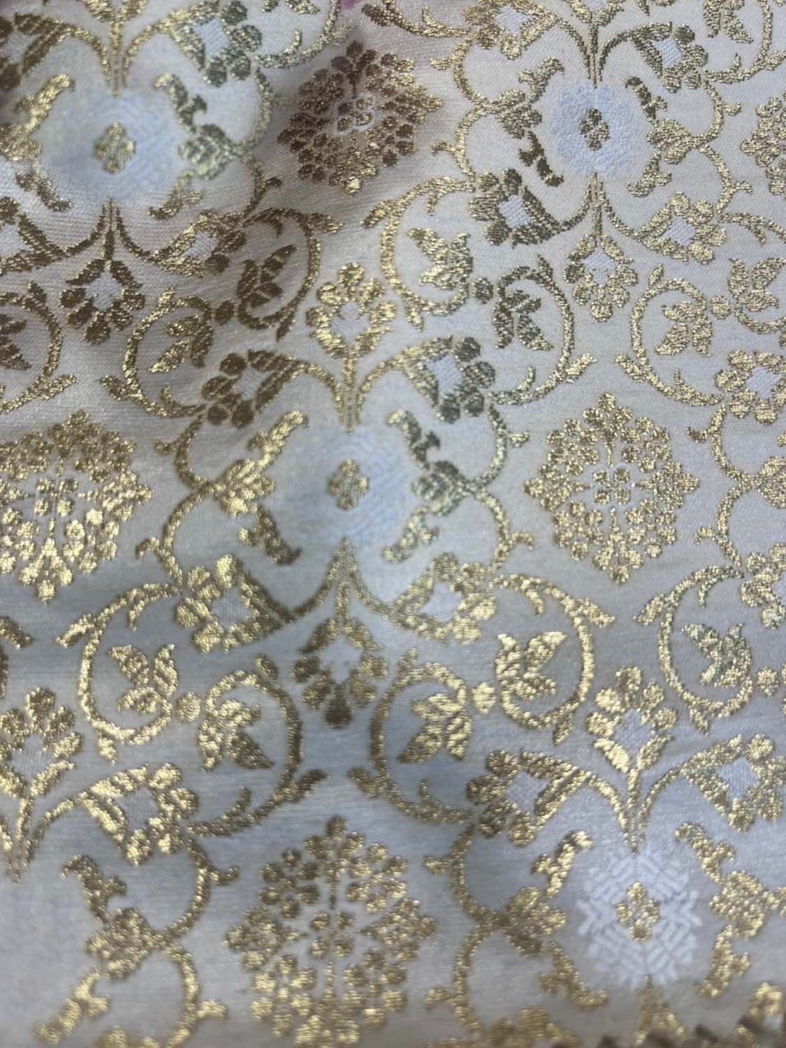 Elegant White Banarasi Brocade Satin Silk Fabric ( 2.5 Mtr ) - Luxurion World