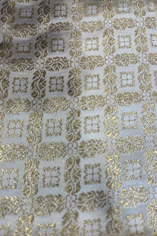 Elegant White Banarasi Brocade Satin Silk Fabric ( 2.5 Mtr ) - Luxurion World