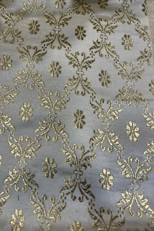 Elegant White Banarasi Brocade Satin Silk Fabric ( 2.5 Mtr ) - Luxurion World