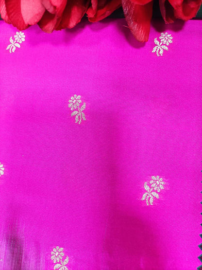 Pink Handloom Banarasi Silk Flower Design Fabric ( 2.5 Mtr ) - Luxurion World