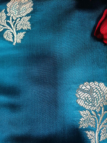 Blue Handloom Banarasi Silk Flower Design Fabric ( 2.5 Mtr ) - Luxurion World