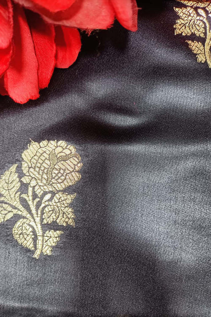 Grey Handloom Banarasi Silk Flower Design Fabric ( 2.5 Mtr ) - Luxurion World