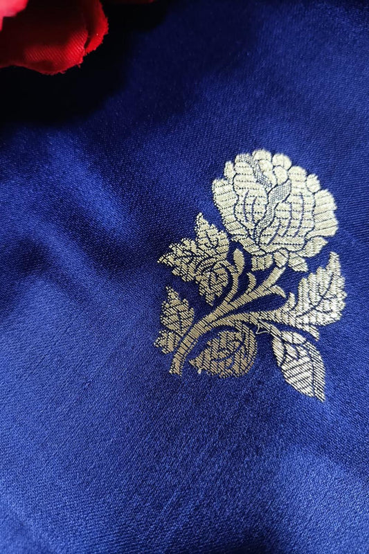 Blue Handloom Banarasi Silk Flower Design Fabric ( 2.5 Mtr ) - Luxurion World