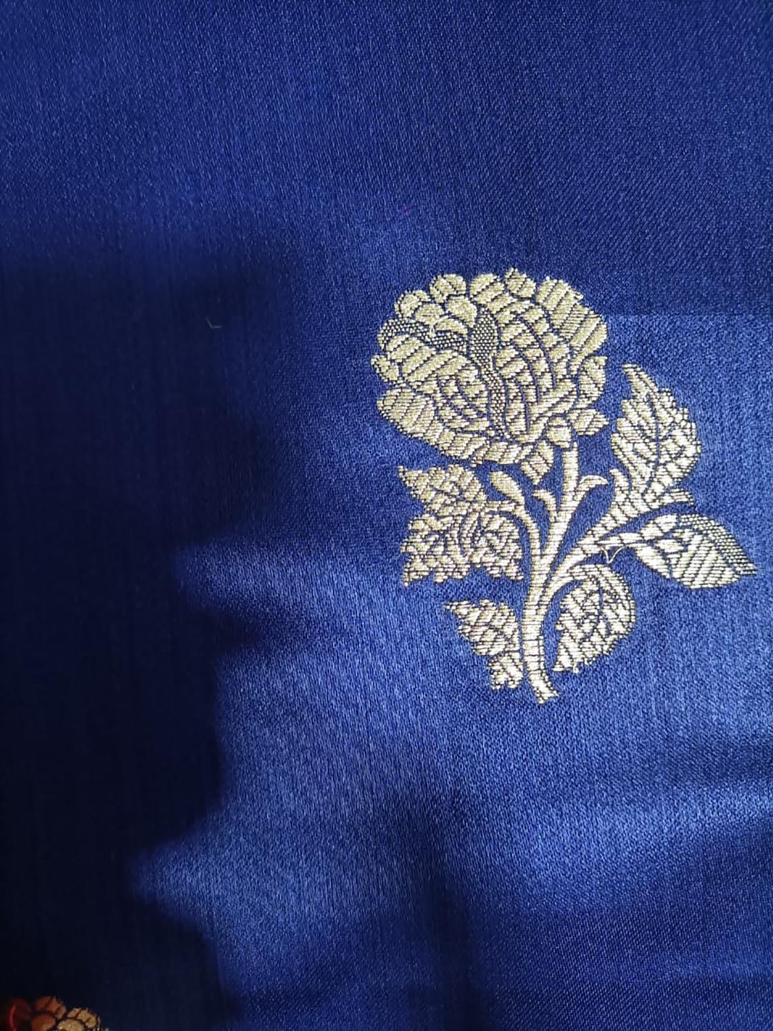 Blue Handloom Banarasi Silk Flower Design Fabric ( 2.5 Mtr ) - Luxurion World