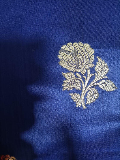 Blue Handloom Banarasi Silk Flower Design Fabric ( 2.5 Mtr ) - Luxurion World