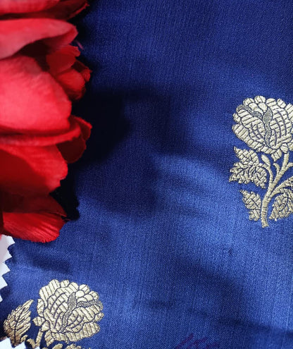 Blue Handloom Banarasi Silk Flower Design Fabric ( 2.5 Mtr ) - Luxurion World
