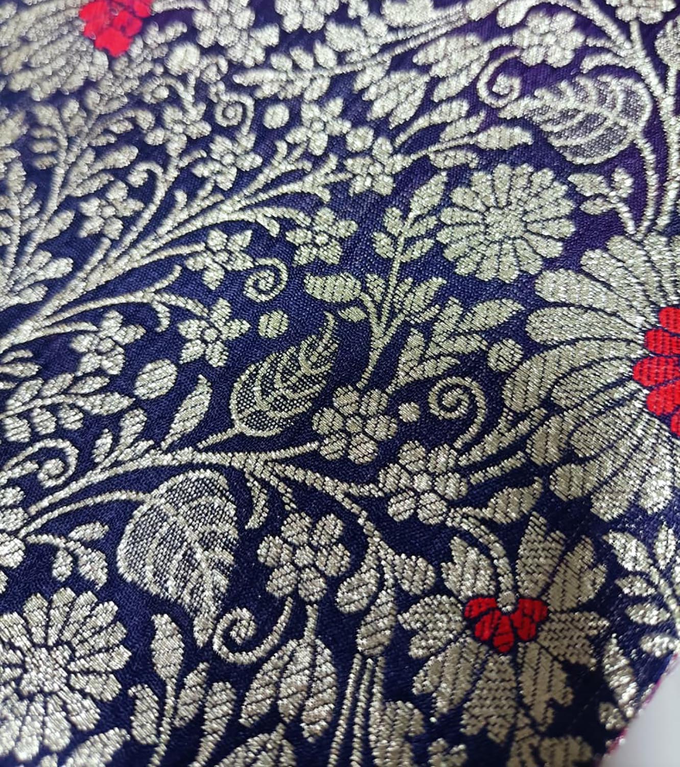 Blue Handloom Banarasi Silk Flower Design Meenakari Fabric ( 2.5 Mtr ) - Luxurion World