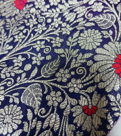 Blue Handloom Banarasi Silk Flower Design Meenakari Fabric ( 2.5 Mtr ) - Luxurion World