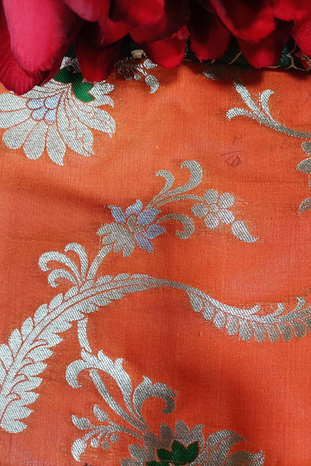 Orange Handloom Banarasi Silk Flower Design Meenakari Fabric ( 2.5 Mtr ) - Luxurion World