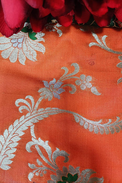 Orange Handloom Banarasi Silk Flower Design Meenakari Fabric ( 2.5 Mtr ) - Luxurion World