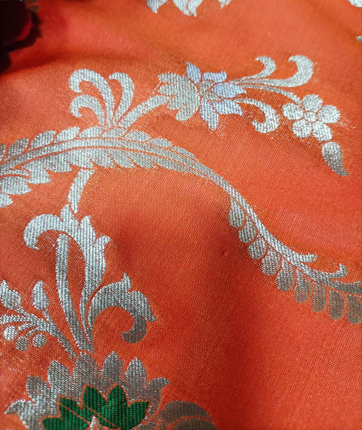 Orange Handloom Banarasi Silk Flower Design Meenakari Fabric ( 2.5 Mtr ) - Luxurion World