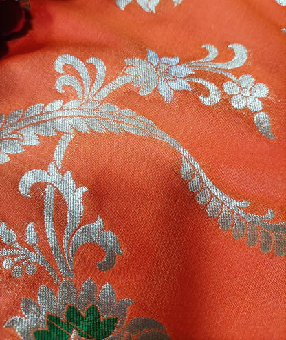 Orange Handloom Banarasi Silk Flower Design Meenakari Fabric ( 2.5 Mtr ) - Luxurion World