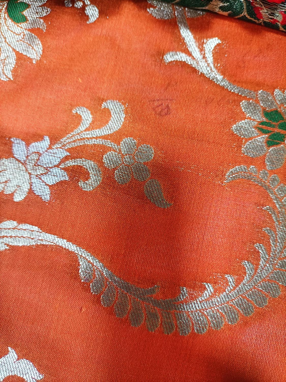 Orange Handloom Banarasi Silk Flower Design Meenakari Fabric ( 2.5 Mtr ) - Luxurion World