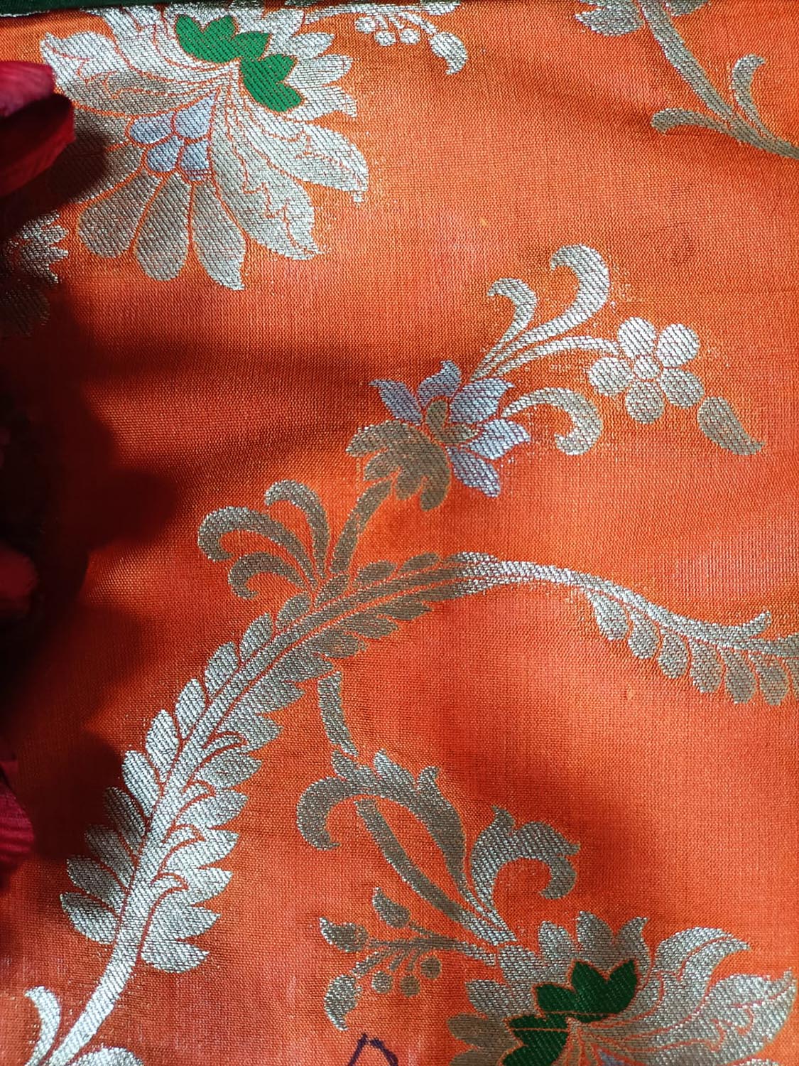 Orange Handloom Banarasi Silk Flower Design Meenakari Fabric ( 2.5 Mtr ) - Luxurion World