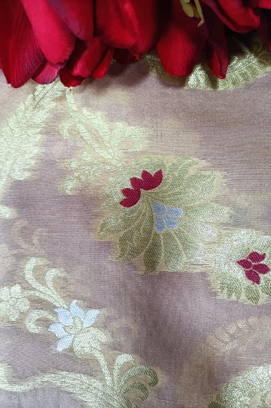 Pink Handloom Banarasi Silk Flower Design Meenakari Fabric ( 2.5 Mtr ) - Luxurion World